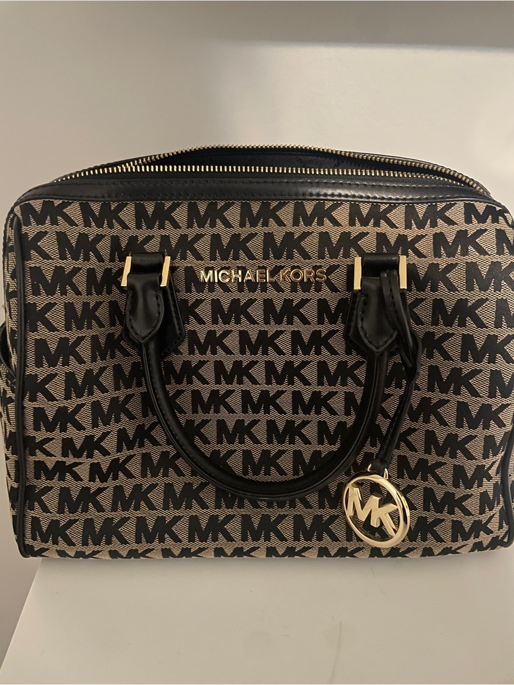Michael Kors Black and Brown Logo Satchel with Gold Hardware